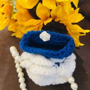 Blue and White Crochet Pouch with Rose Detail